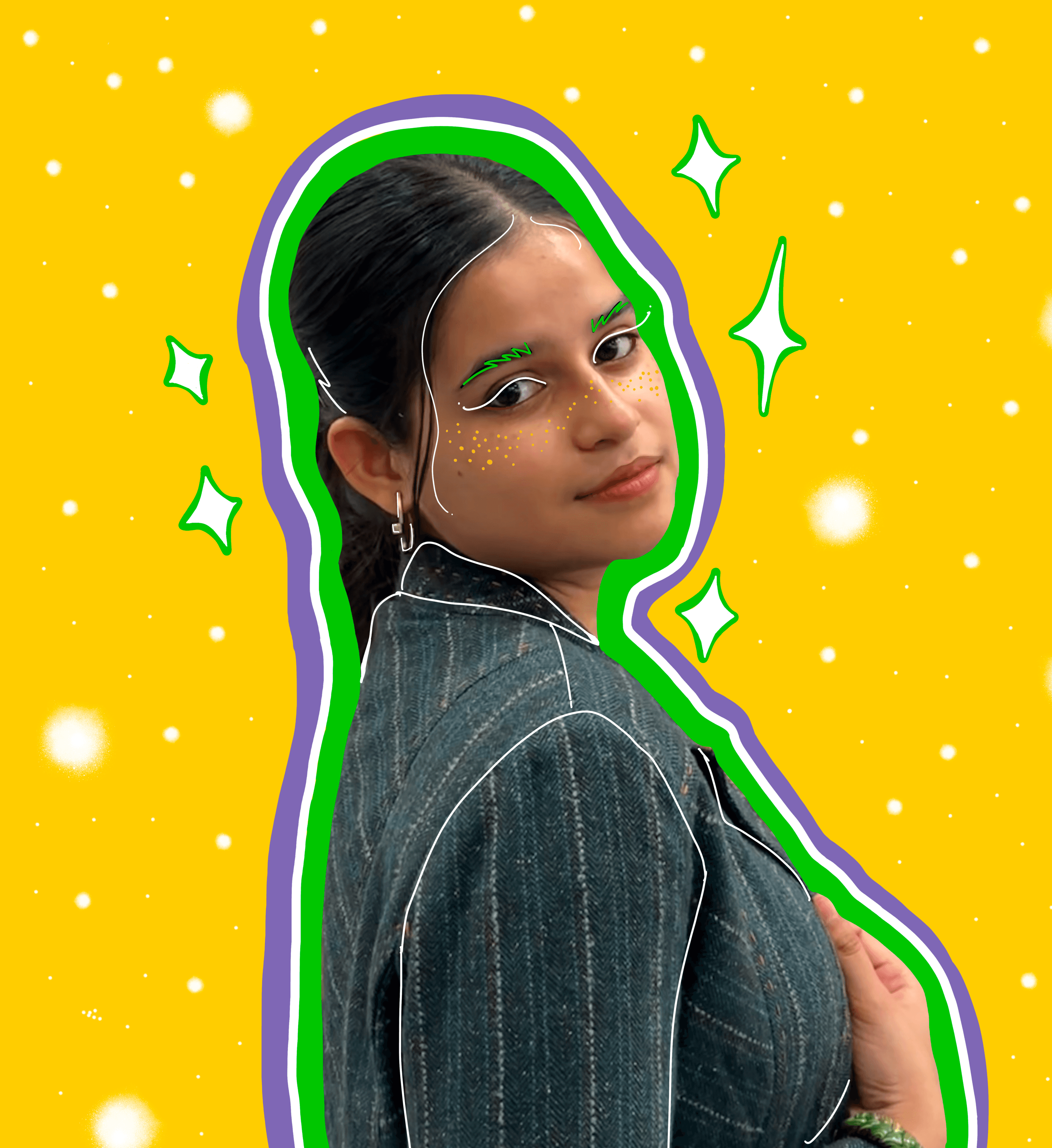 image of Sinjini with scribbles around her