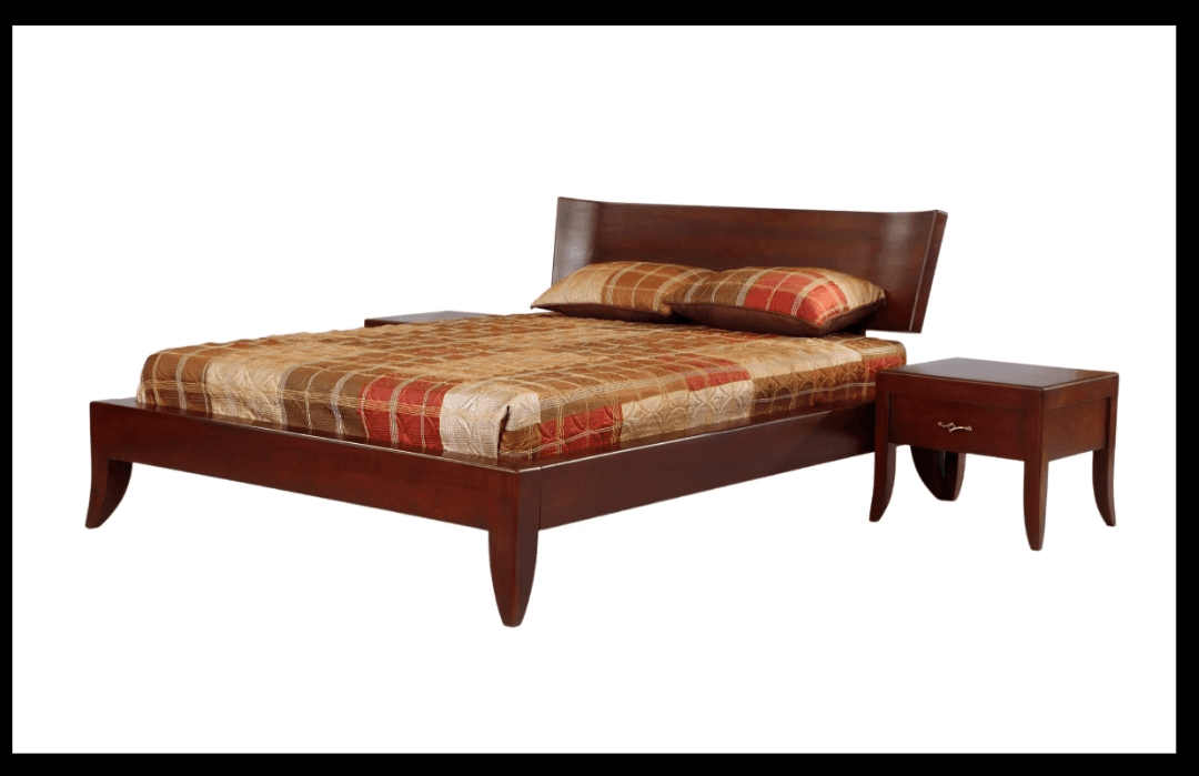 Walnut wood bed with sloped headboard for earthy elegance.