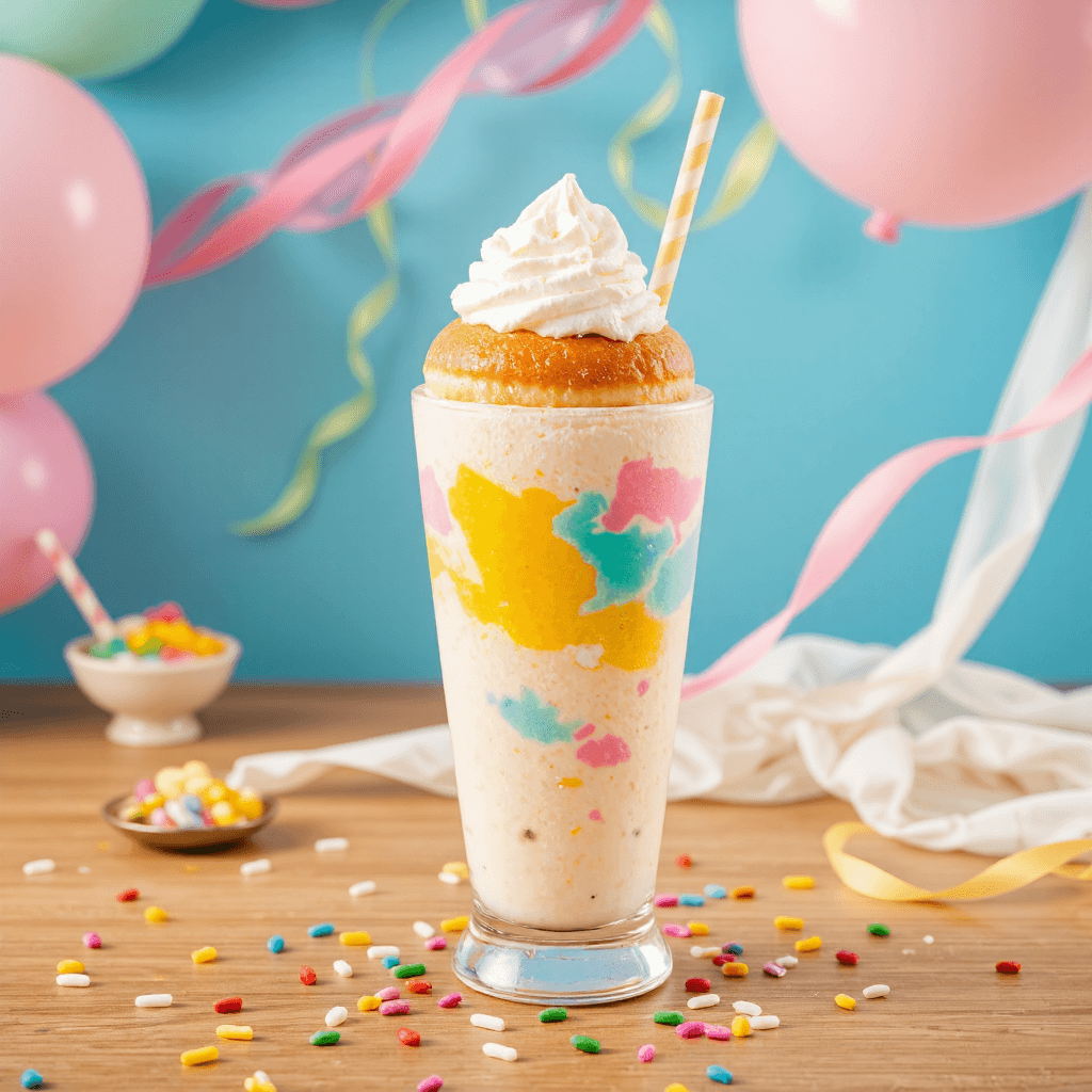 product photography of a colorful dessert drink topped with a donut and whipped cream