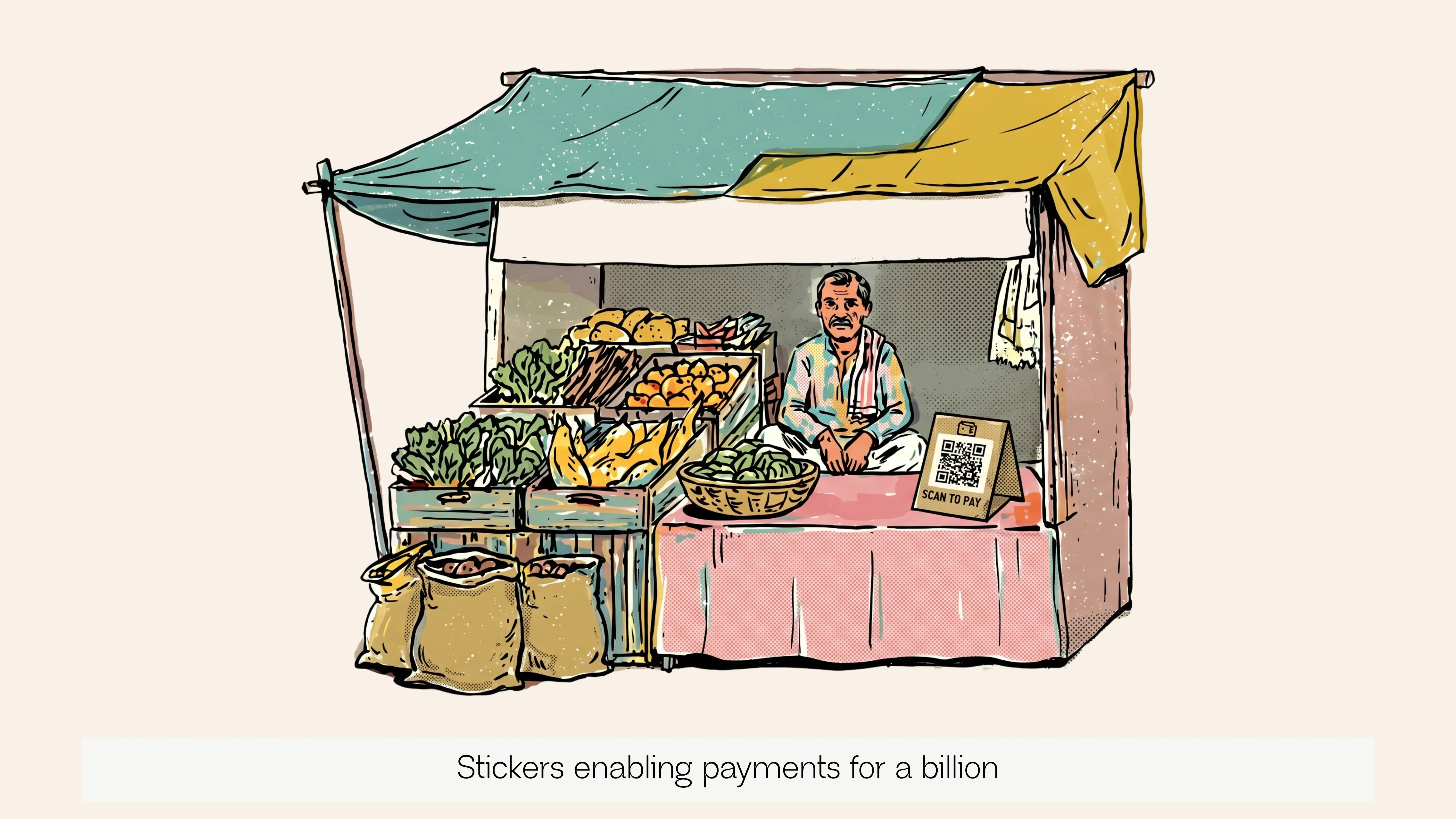 Small fruit and vegetable stall with a vendor