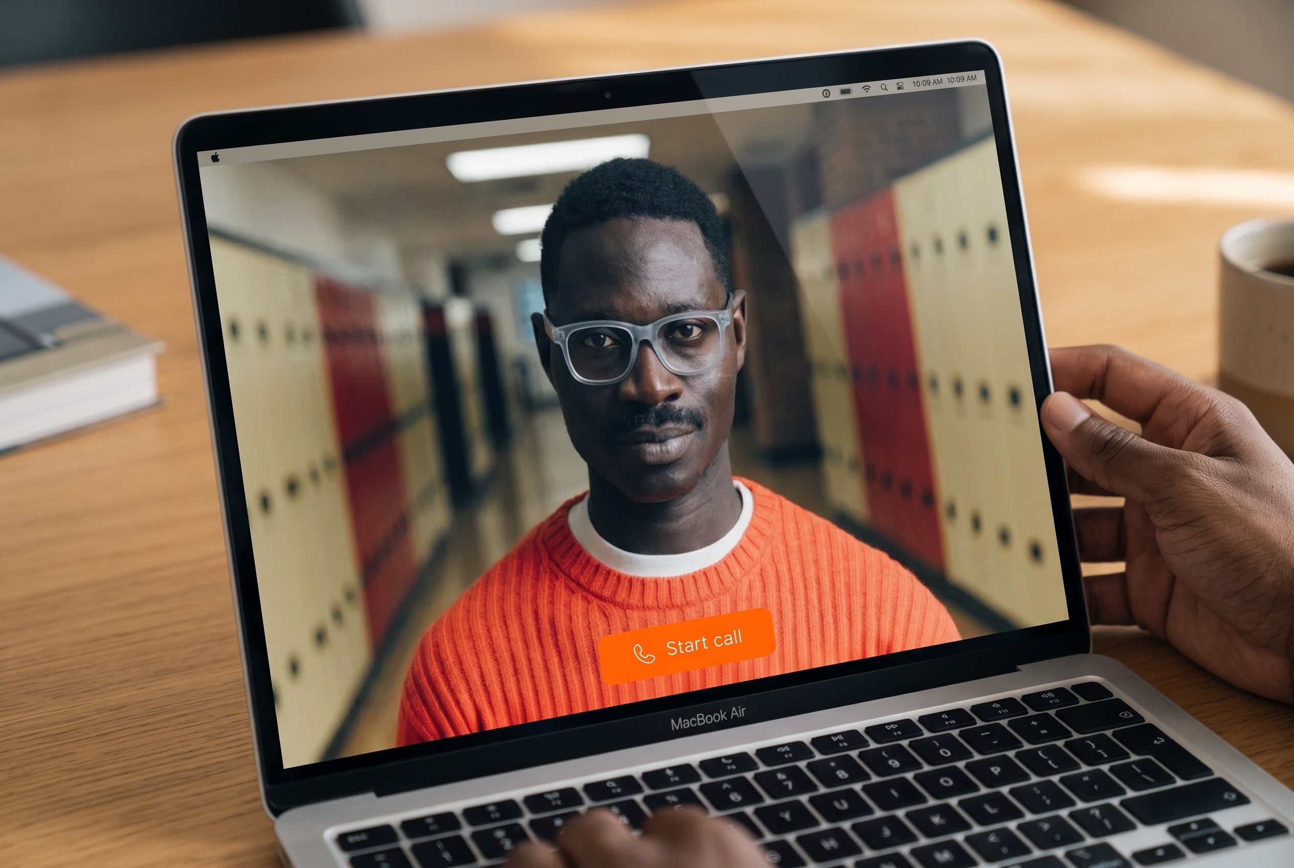 A person speaking with a Cara 4 avatar on a MacBook