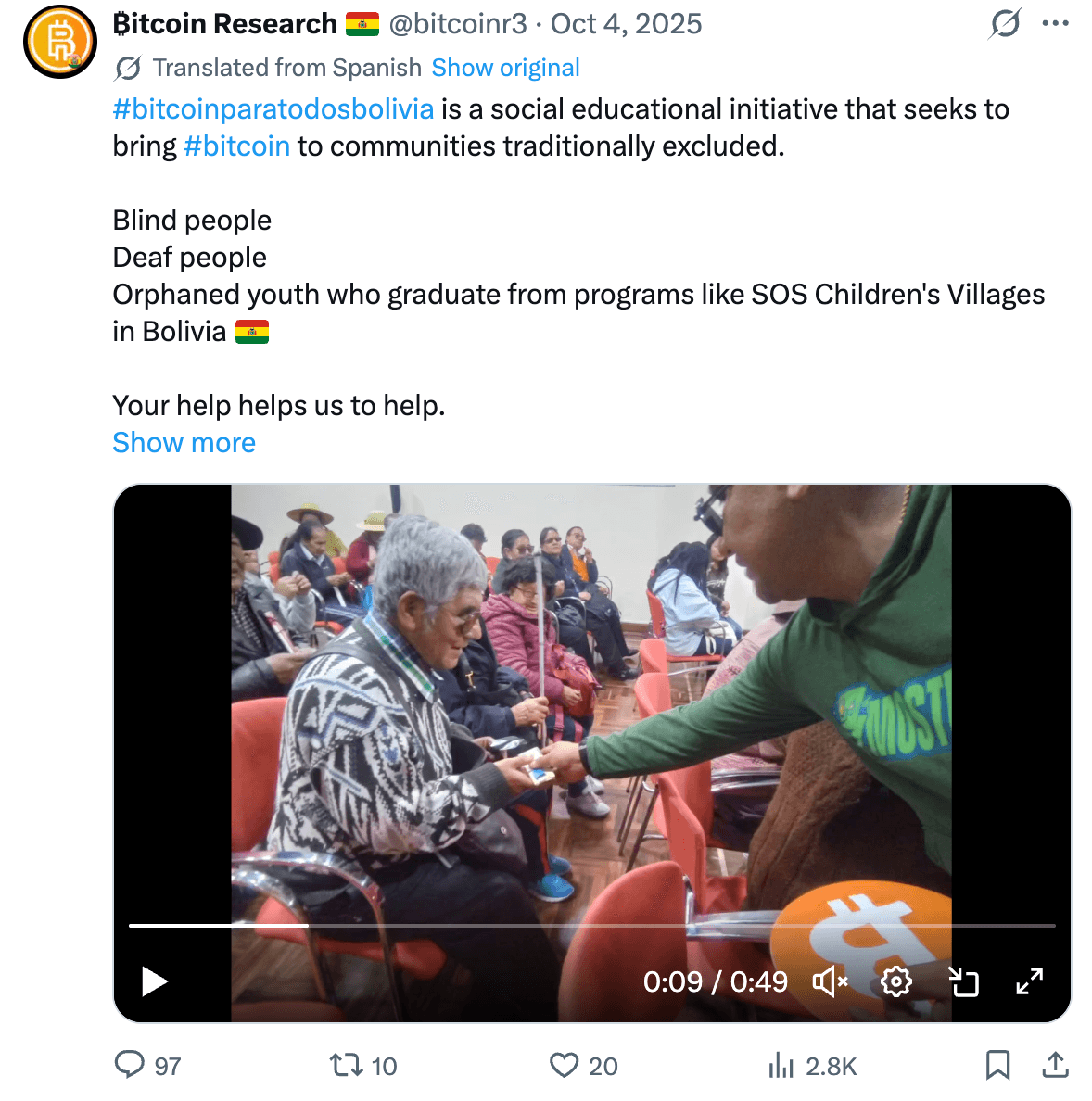 Bitcoin Research Bolivia team teaching visually impaired individuals how to use Bitcoin as part of the bitcoinparatodosbolivia initiative