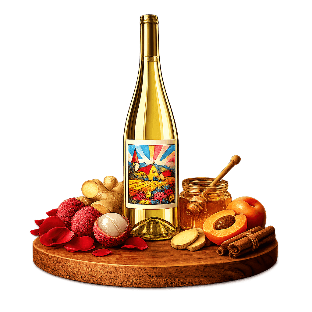 Artistic label and flavor profile for Czech Tramín Červený on a rustic wooden table.