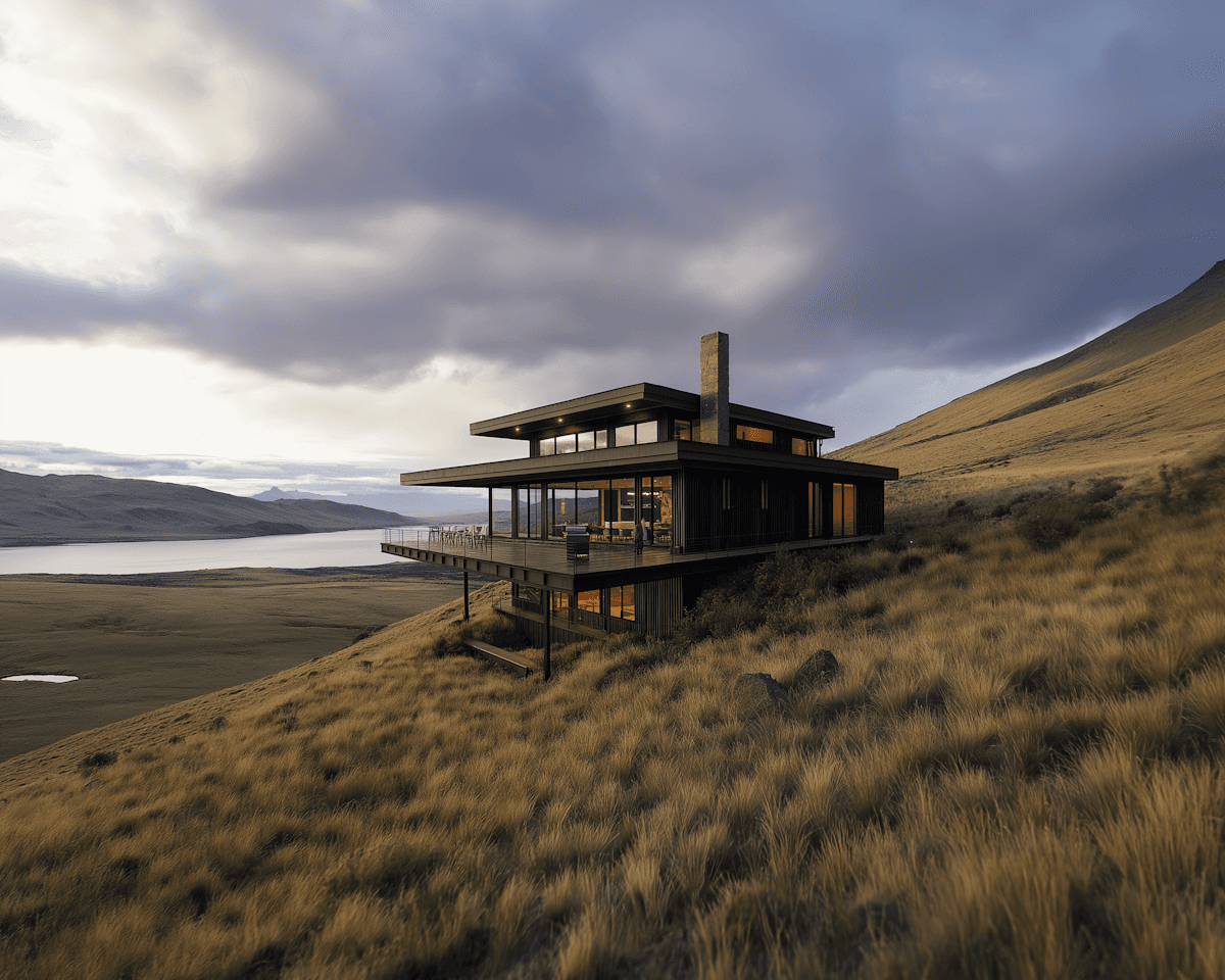 minimal cabin on grassy hillside