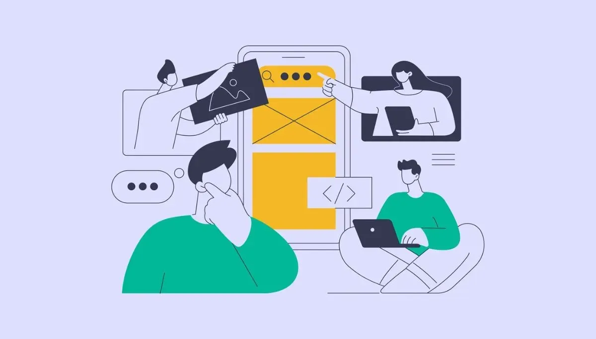 Illustration of four people collaborating around a large smartphone interface, adding images, pointing at UI elements, coding, and reviewing designs—representing the kinds of hands‑on engineering projects and app‑building experience that help candidates stand out to employers.