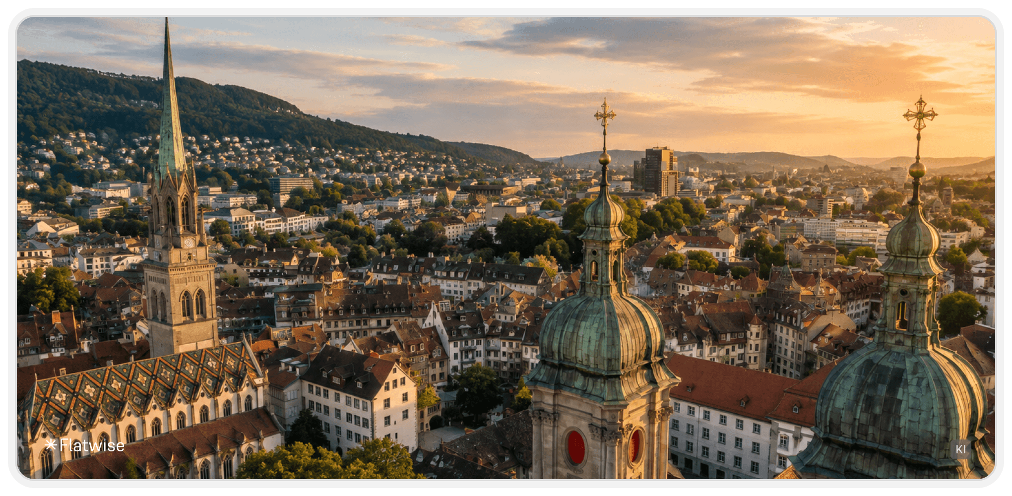 Panoramablick auf die Altstadt von St. Gallen mit den markanten Türmen der Stiftskirche und historischen Dächern vor einer bewaldeten Hügellandschaft. KI-generiertes Bild