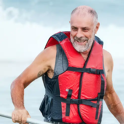 Man in red life jacket 