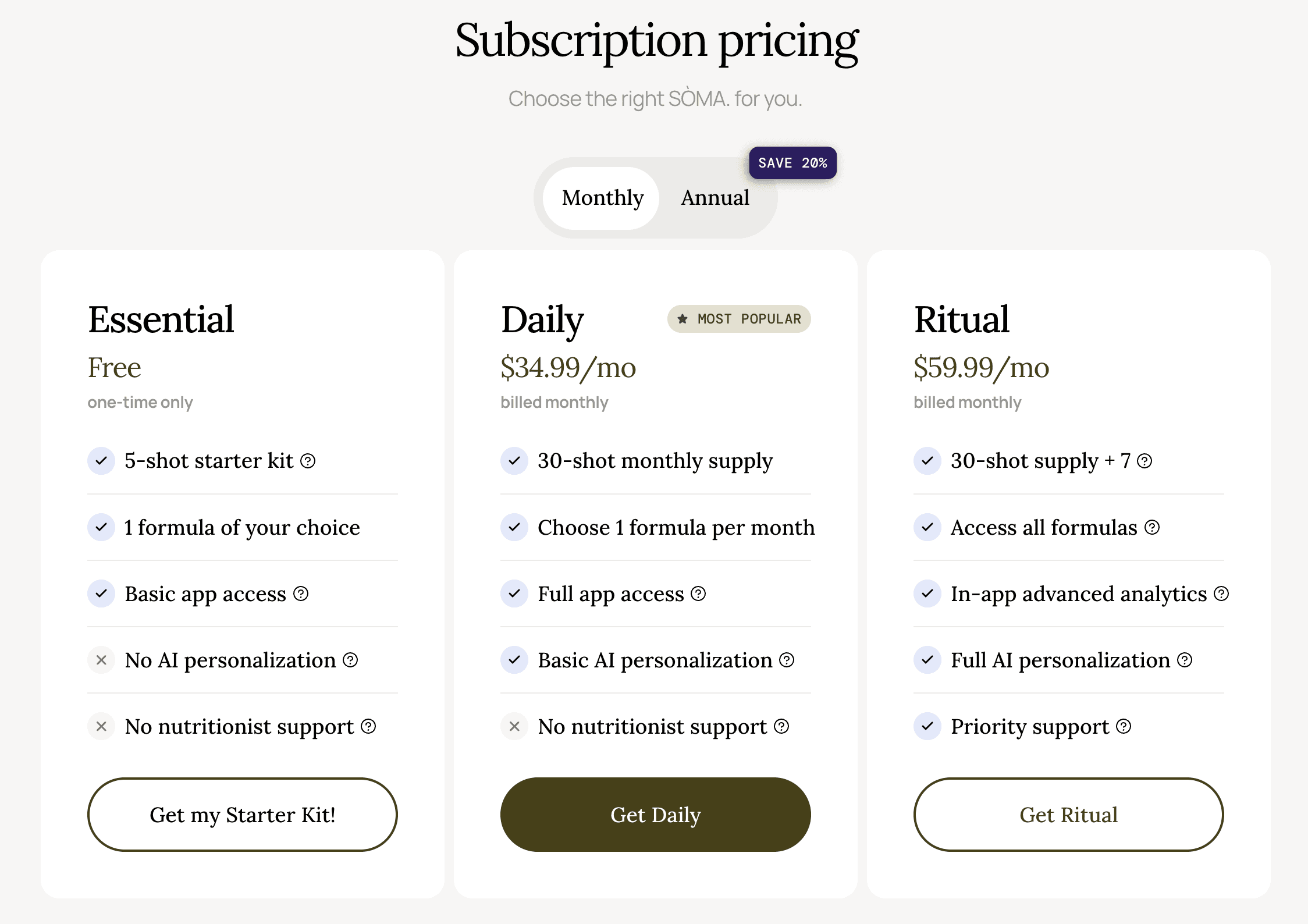 Screenshot of the Pricing section from the SÒMA. website.
