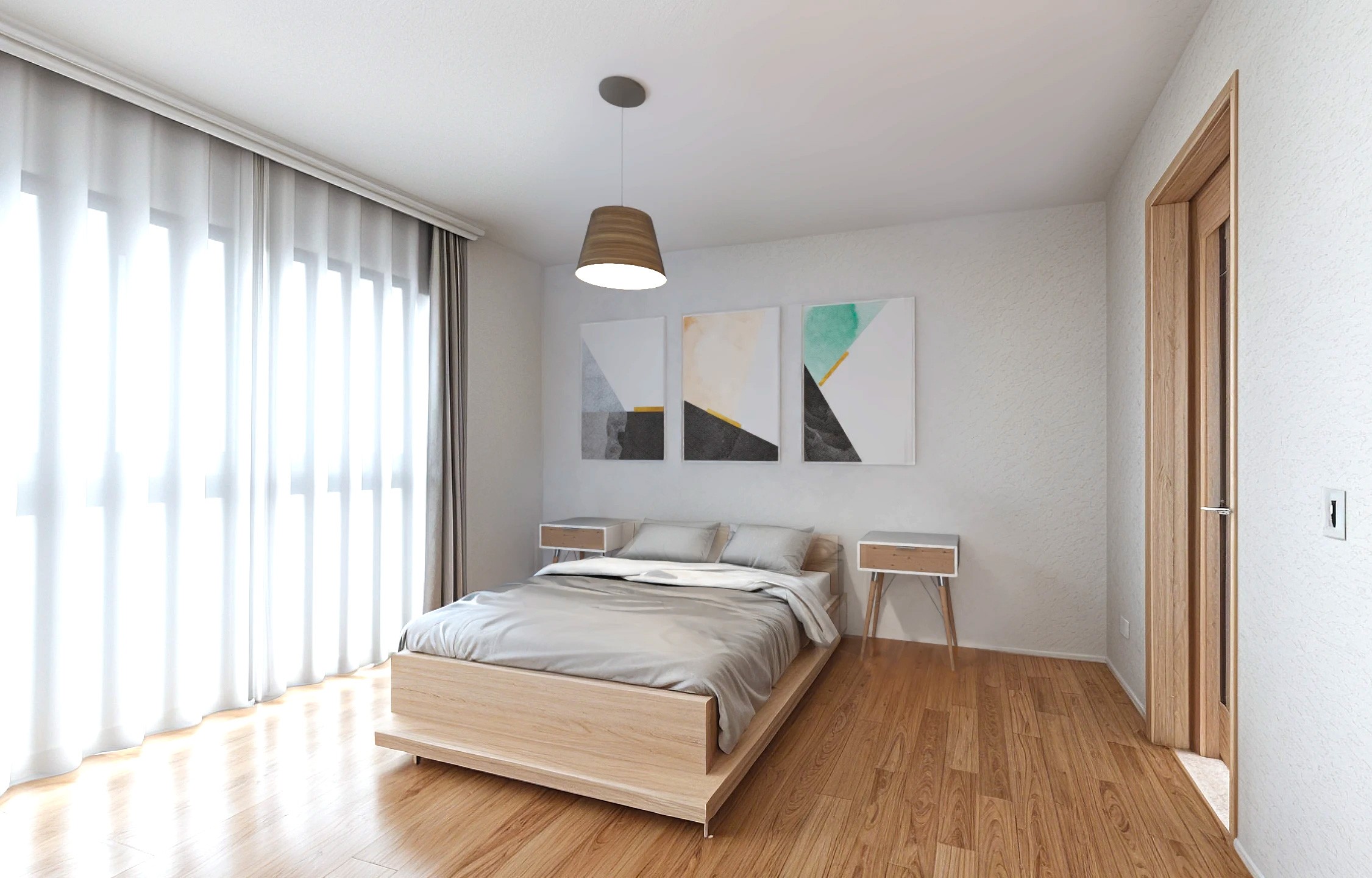 Bright bedroom interior in a one-bedroom apartment with wooden flooring, a bed, bedside tables, and large windows designed for small spaces.