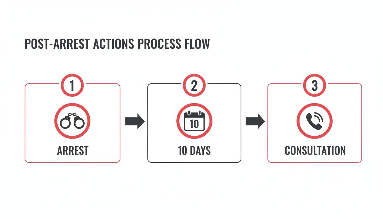A post-arrest actions process flow showing three steps: arrest, 10 days, and consultation.