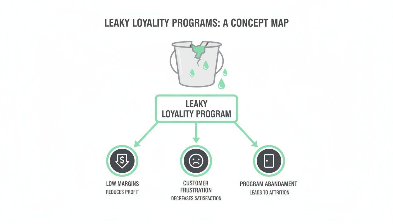 A concept map illustrating leaky loyalty programs, showing how they lead to low margins, customer frustration, and program abandonment.