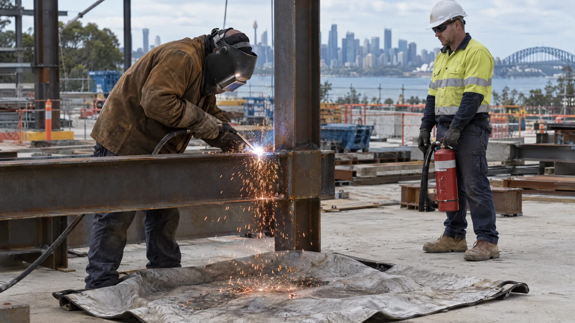 Welder doing hot work on a steel beam over a fire blanket while a fire watch stands by with an extinguisher