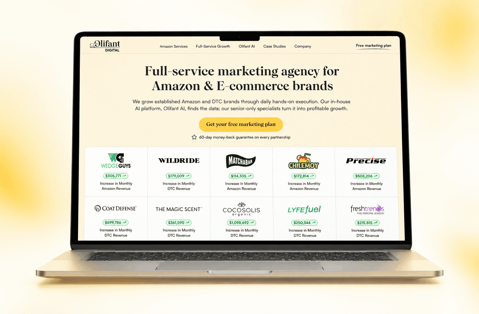 Olifant Digital's content engine (LinkedIn & Blogs) made it the #1 result for "Amazon agency" in AI, generating 70 inbound leads a month.