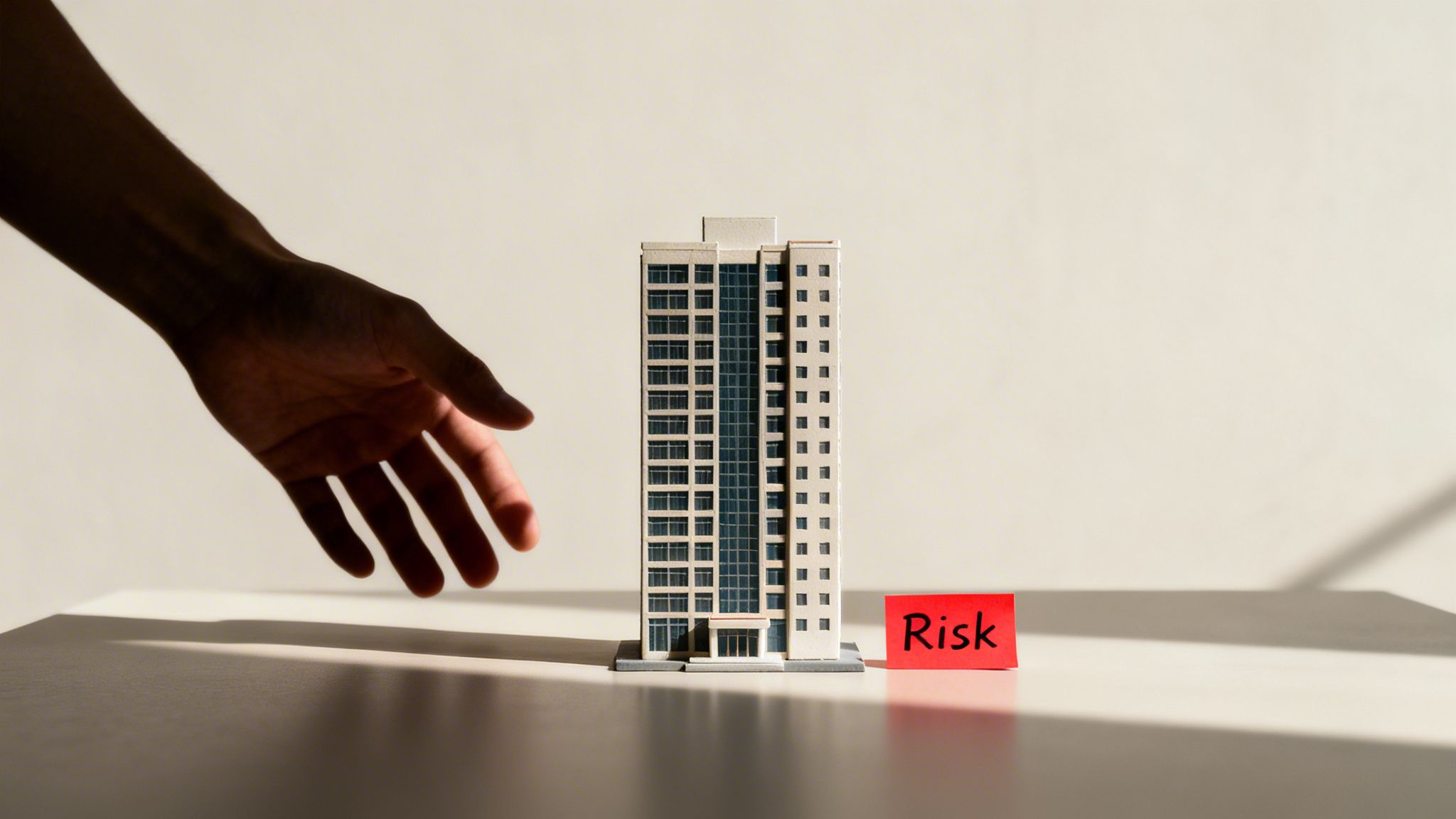 A dark hand reaching for a model building with a red 'Risk' note, symbolizing real estate danger.