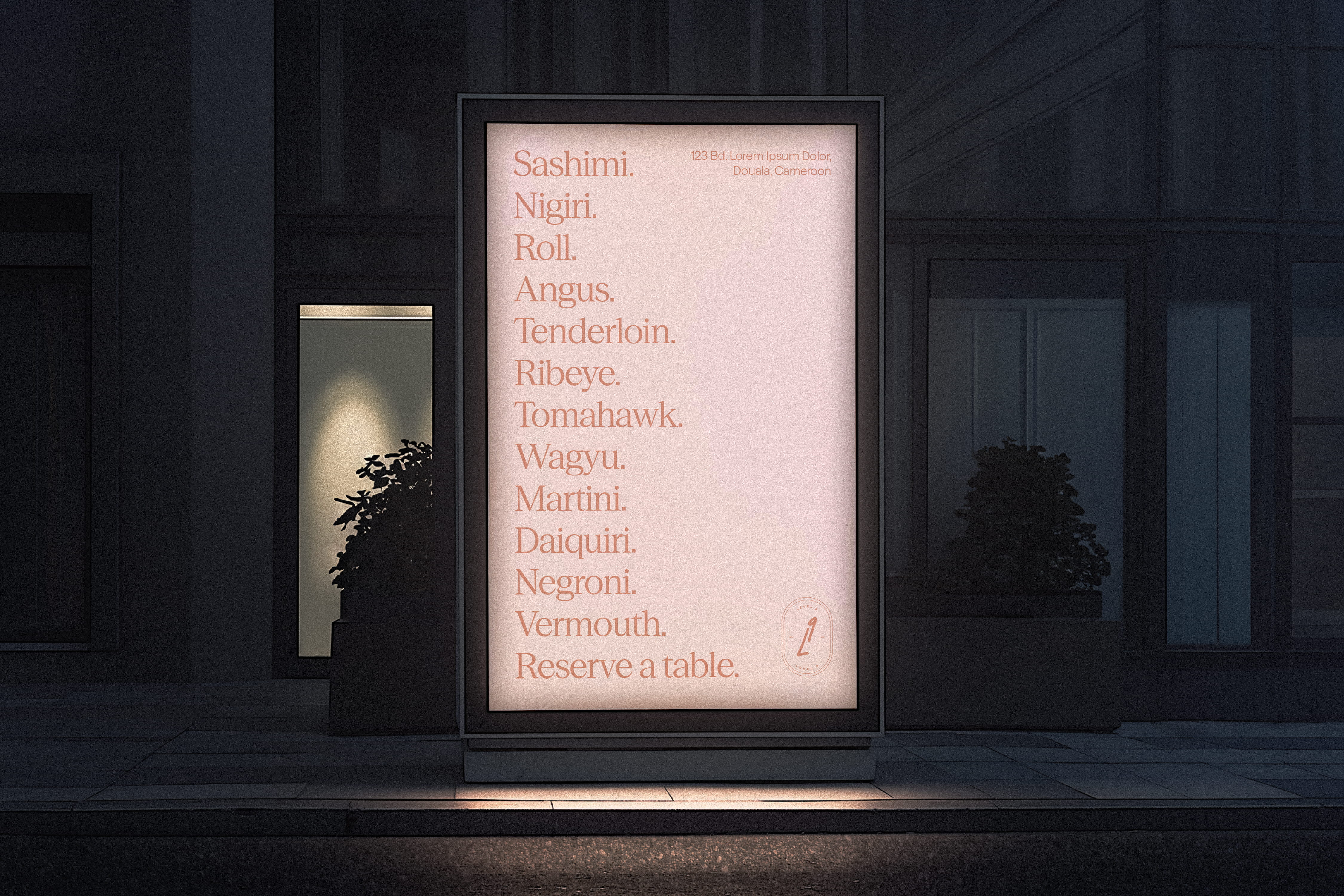 Branding and visual identity design for restaurant and bar with sushi, steaks and cocktails in Douala, Cameroon