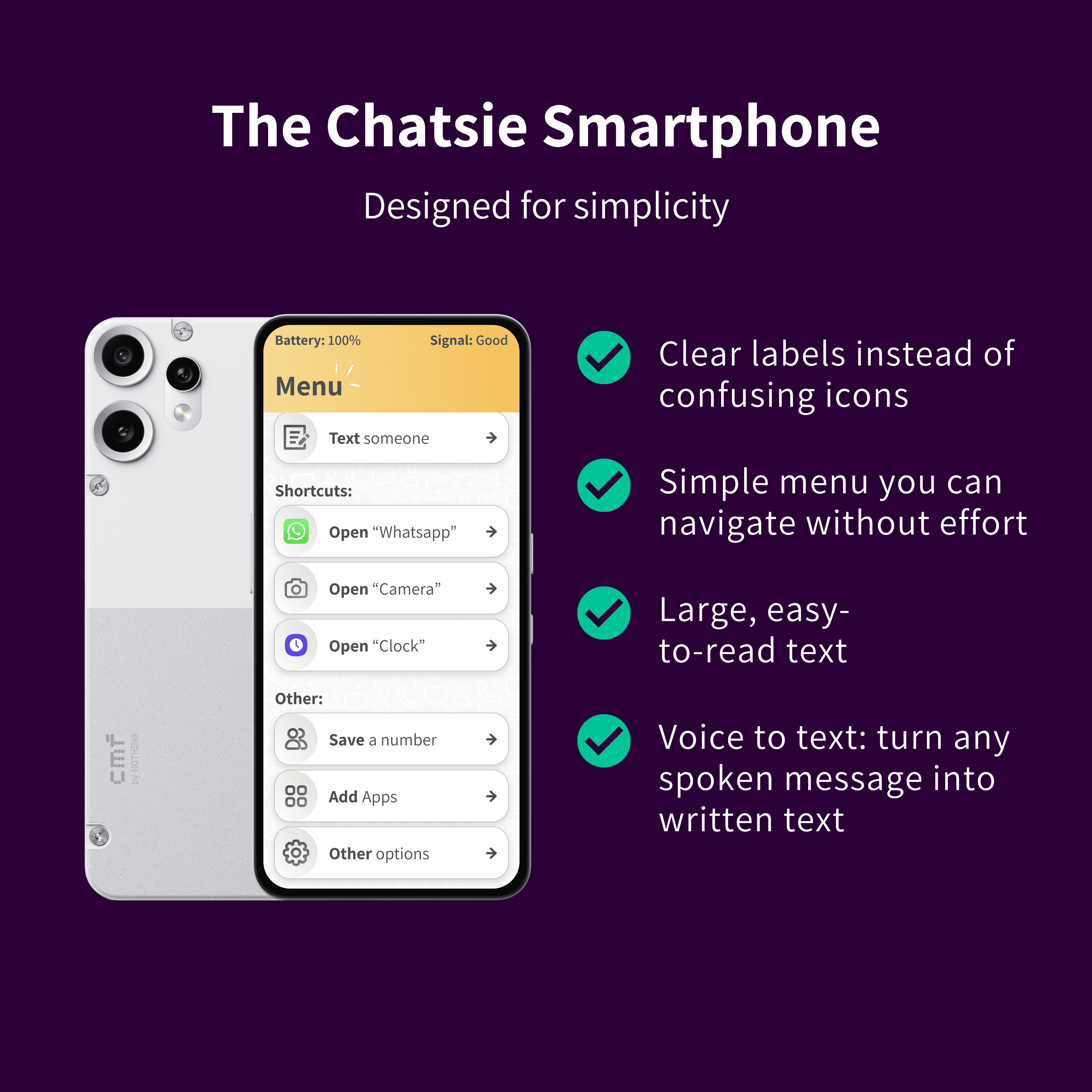 Phone with Chatsie's app menu open listing several options such as to text someone, to open Whatsapp, to open the Camera, save a number, and other functions on a white background