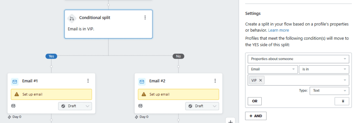 Profile Property Split.png – Klaviyo flow with a conditional split based on whether the email is in a VIP list.