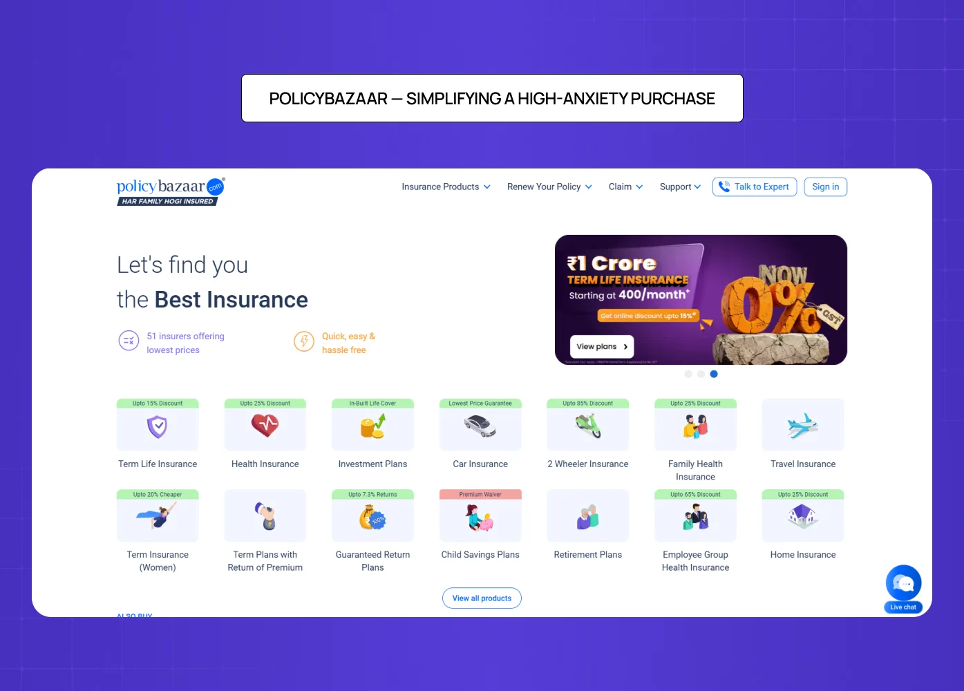 Policybazaar homepage displaying insurance categories, pricing highlights, and simplified navigation for high-consideration purchases.