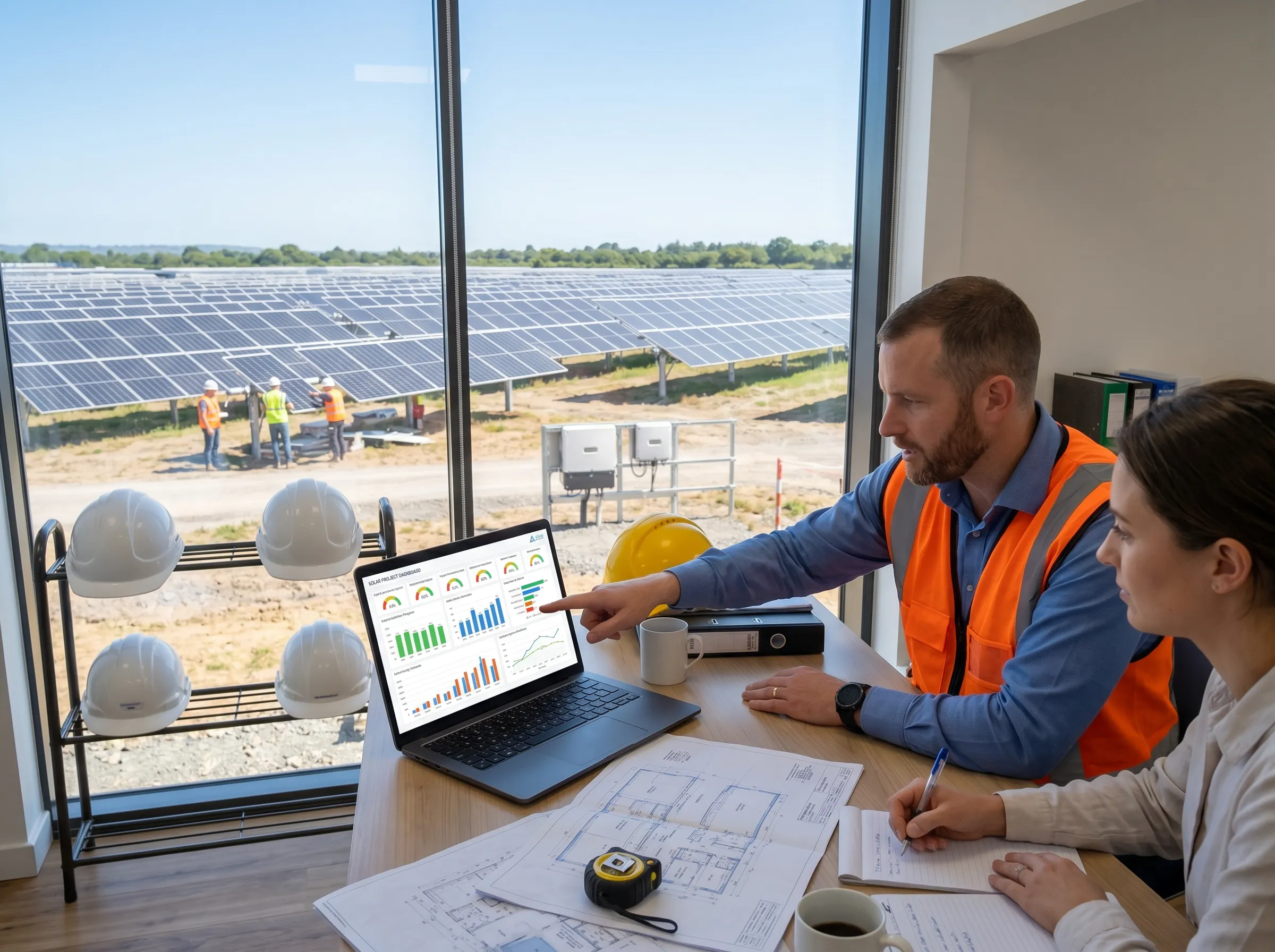 Two professionals in a control room review a wall-mounted screen displaying solar system diagnostics and asset information.