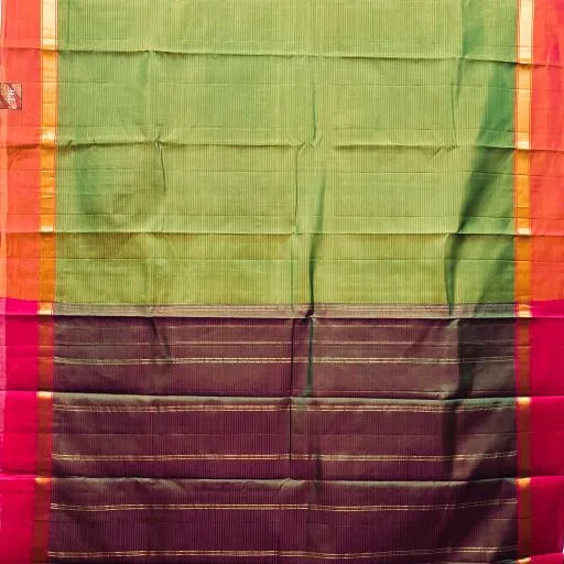 Olive Green Striped Silk Saree With Thick Zari Pink Border