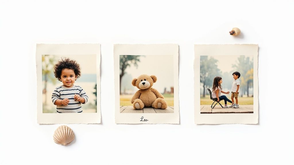 Three polaroid photos showcasing childhood memories: a smiling boy, a teddy bear, and two children playing, with seashells.