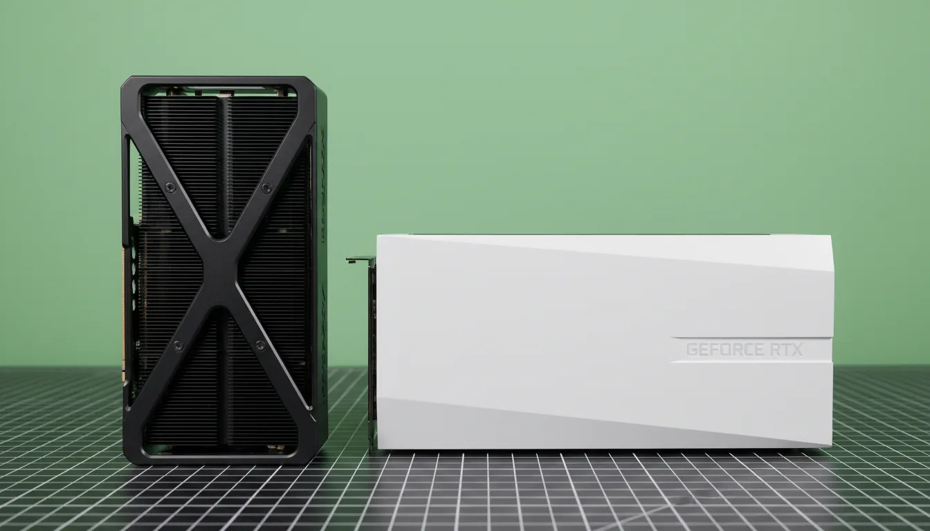 DSLR product photography of two next-generation NVIDIA GPUs, a black RTX 5090 graphics card standing vertically next to a very large, matte white GeForce RTX 5090 graphics card lying horizontally. The black card features a metal X-frame design with black cooling fins. The white card has a minimalist, blocky industrial design with embossed lettering. Both cards are resting on a black cutting mat with a white grid pattern. The background is a plain, solid pistachio green wall. Soft studio lighting, sharp focus, high detail, clean aesthetic.
