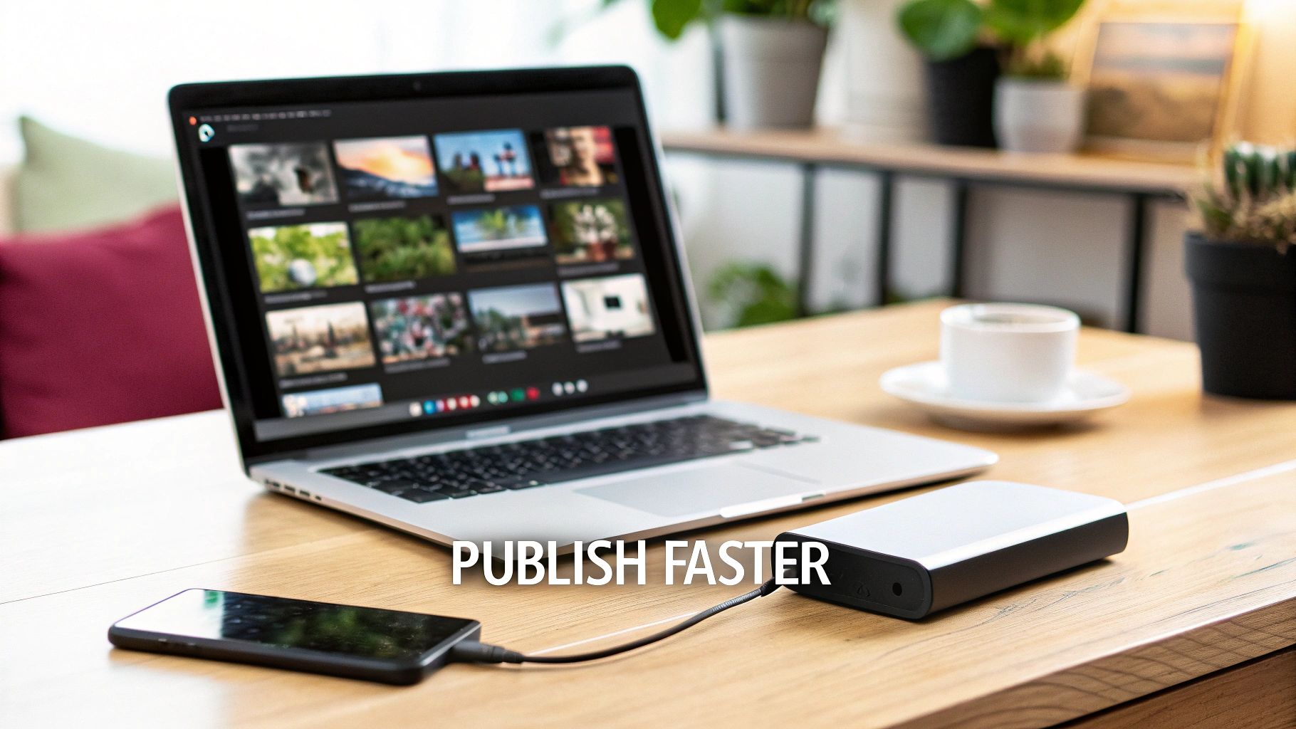 Laptop displaying media files, smartphone connected to an external drive, and coffee on a wooden desk, emphasizing fast publishing.