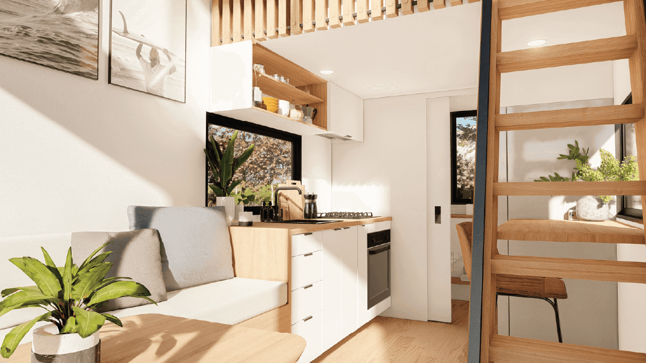 Nomad interior living to kitchen layout
