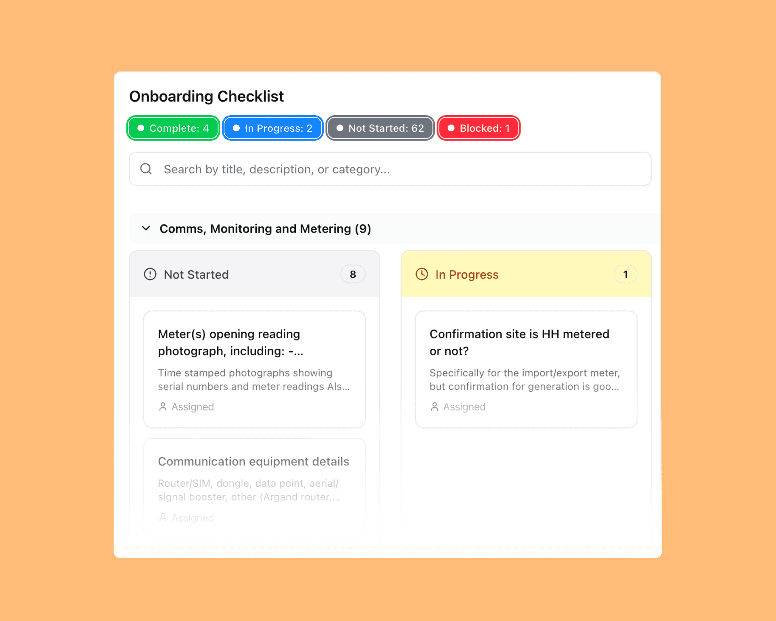 Alentis dashboard showing an onboarding checklist created in the platform, with different columns for work status