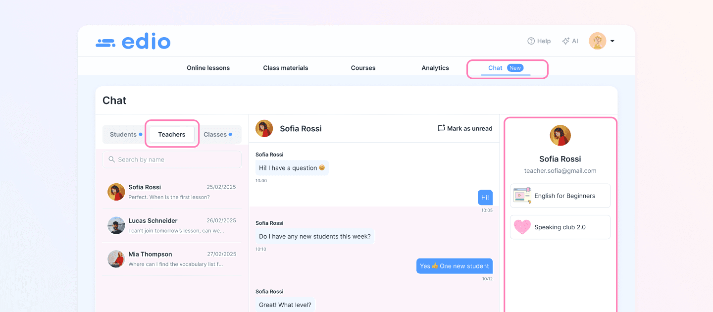 edio class group chat for online language school — teacher view showing all class conversations in one place