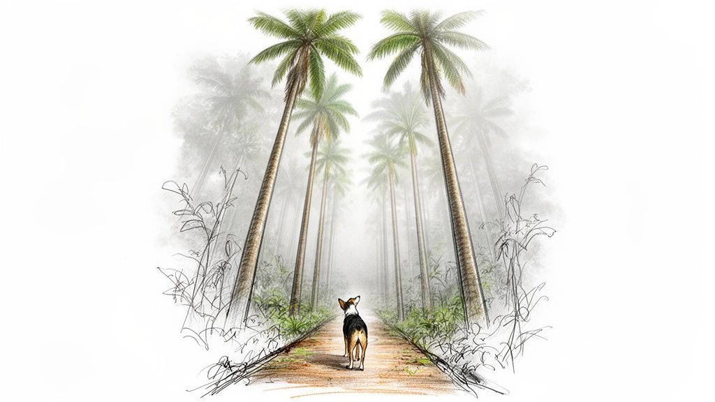 A small dog walks alone on a dirt path through a misty forest of tall palm trees.