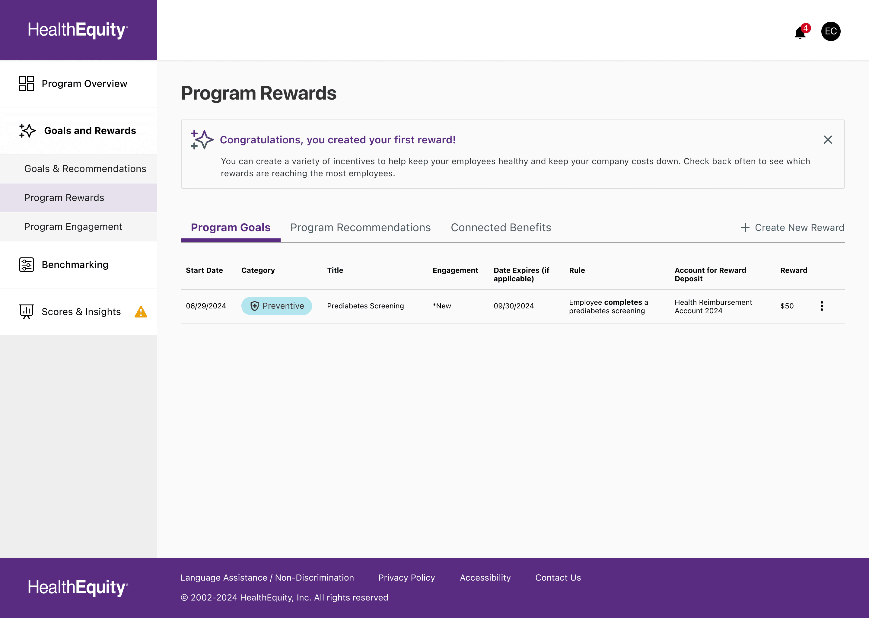 Draft design of program rewards with new reward shown in list