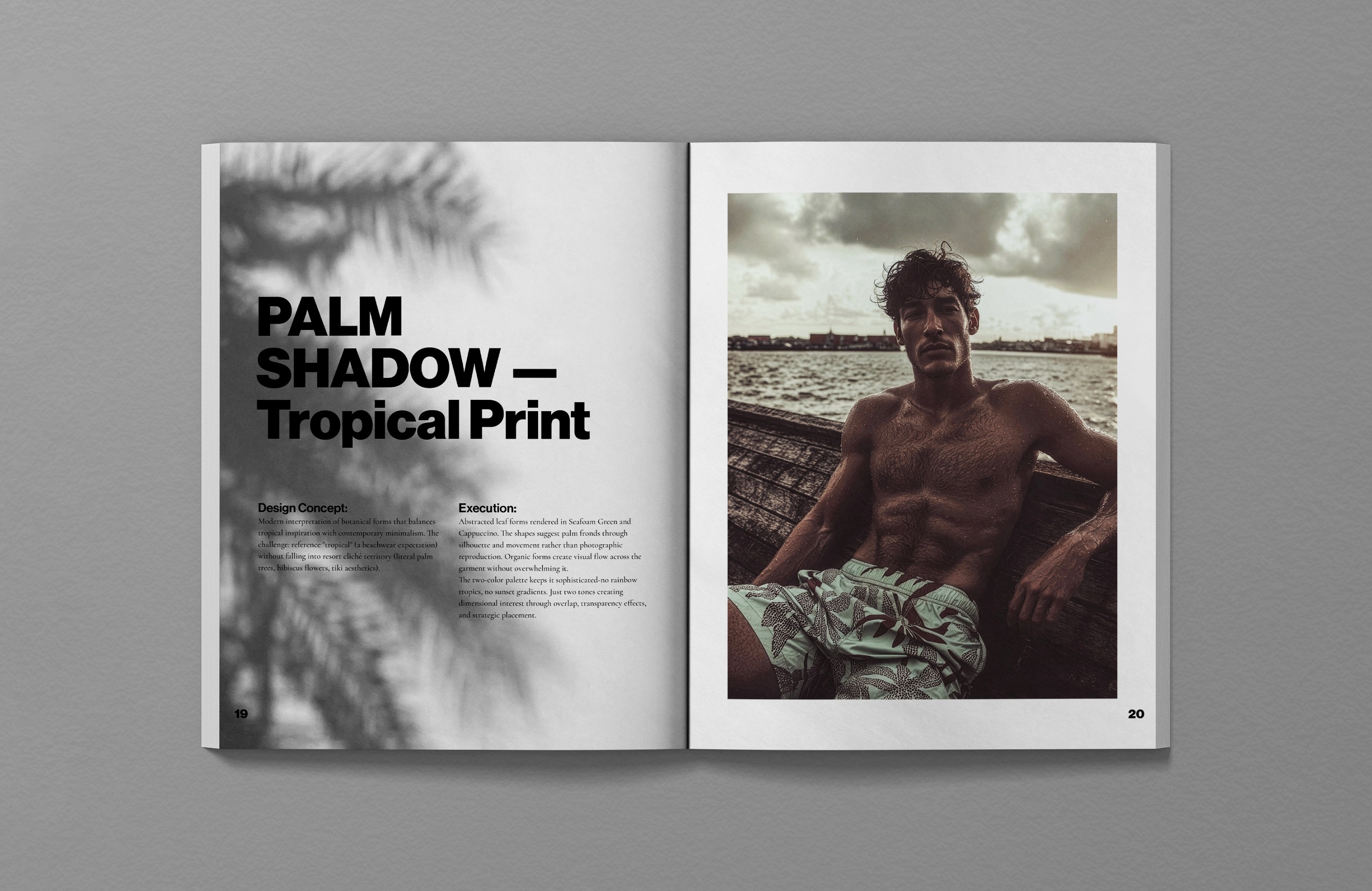 Hugo Boss SS26 editorial spread, Palm Shadow Tropical Print design concept, model wearing Palm Shadow Seafoam Green and Cappuccino swim shorts