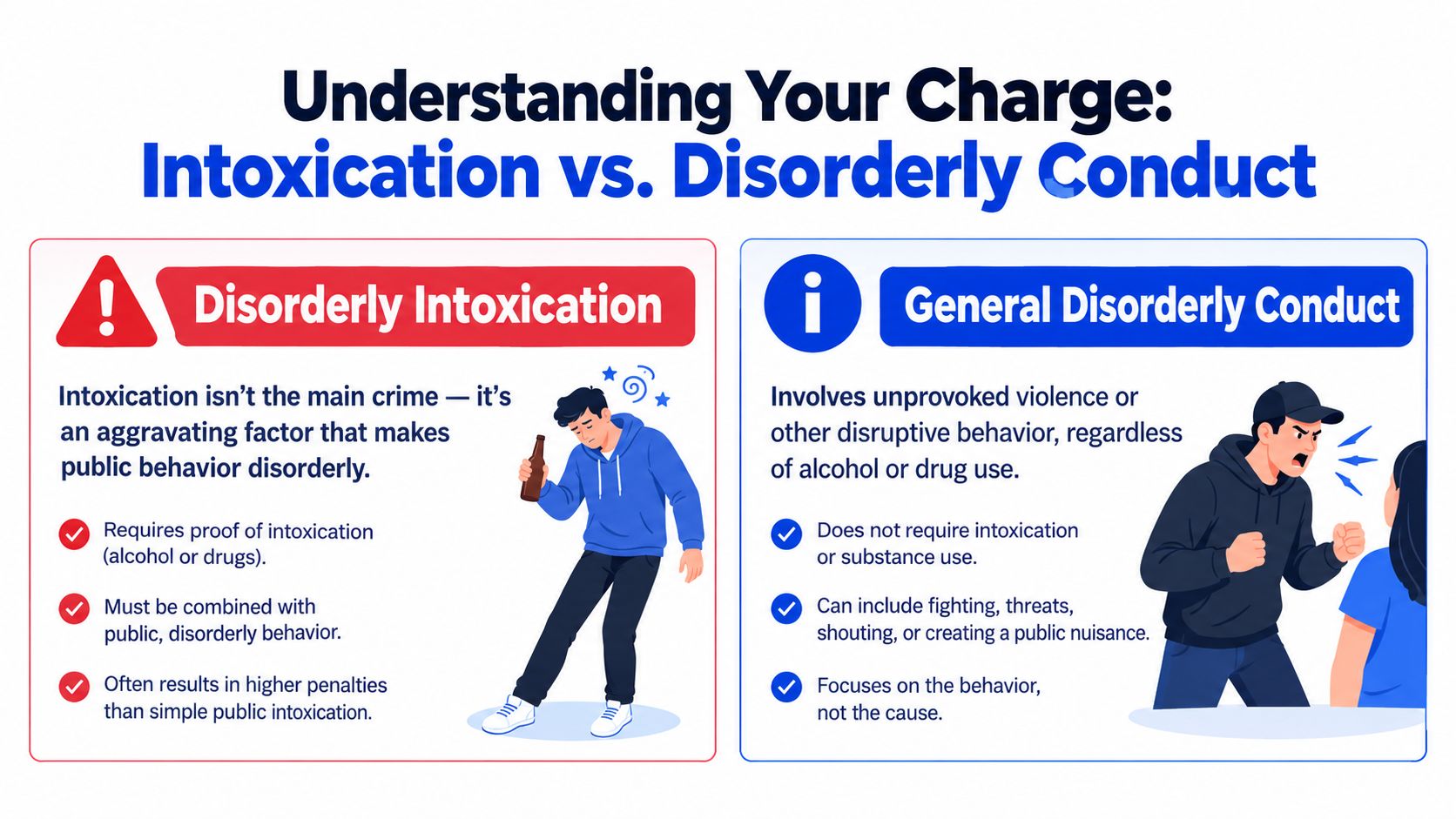 An infographic comparing and explaining the legal differences between disorderly intoxication and general disorderly conduct charges.