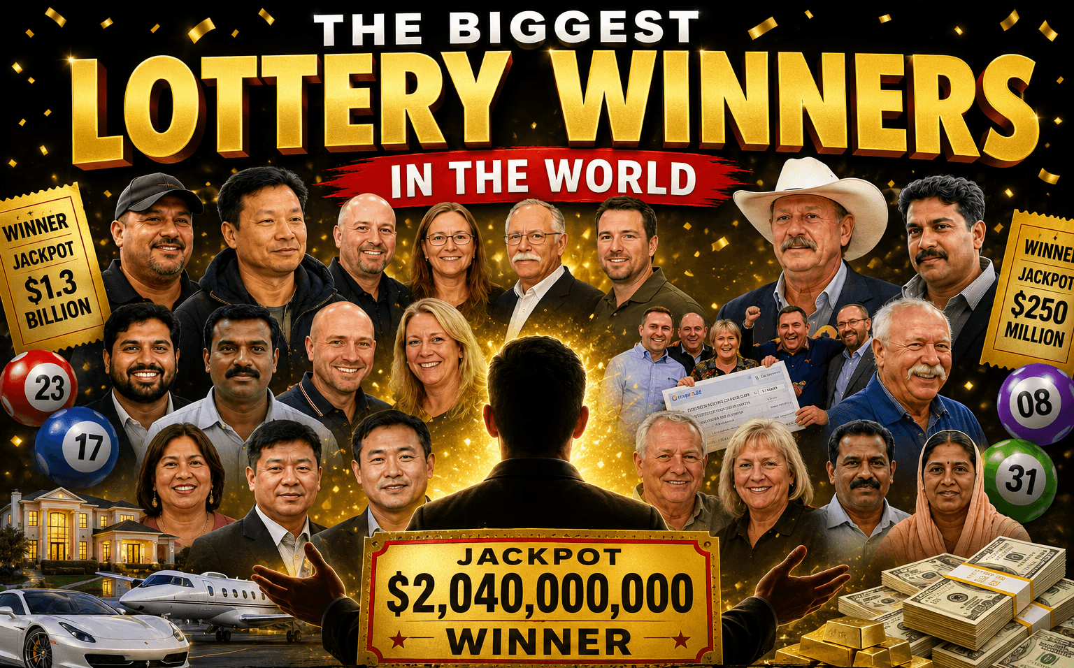 Collage of the world’s biggest lottery winners featuring jackpot tickets, luxury cars, cash, gold bars, and winners from Powerball, EuroMillions, Kerala Lottery, and UAE Big Ticket with the headline “Lottery Winners in the World”.