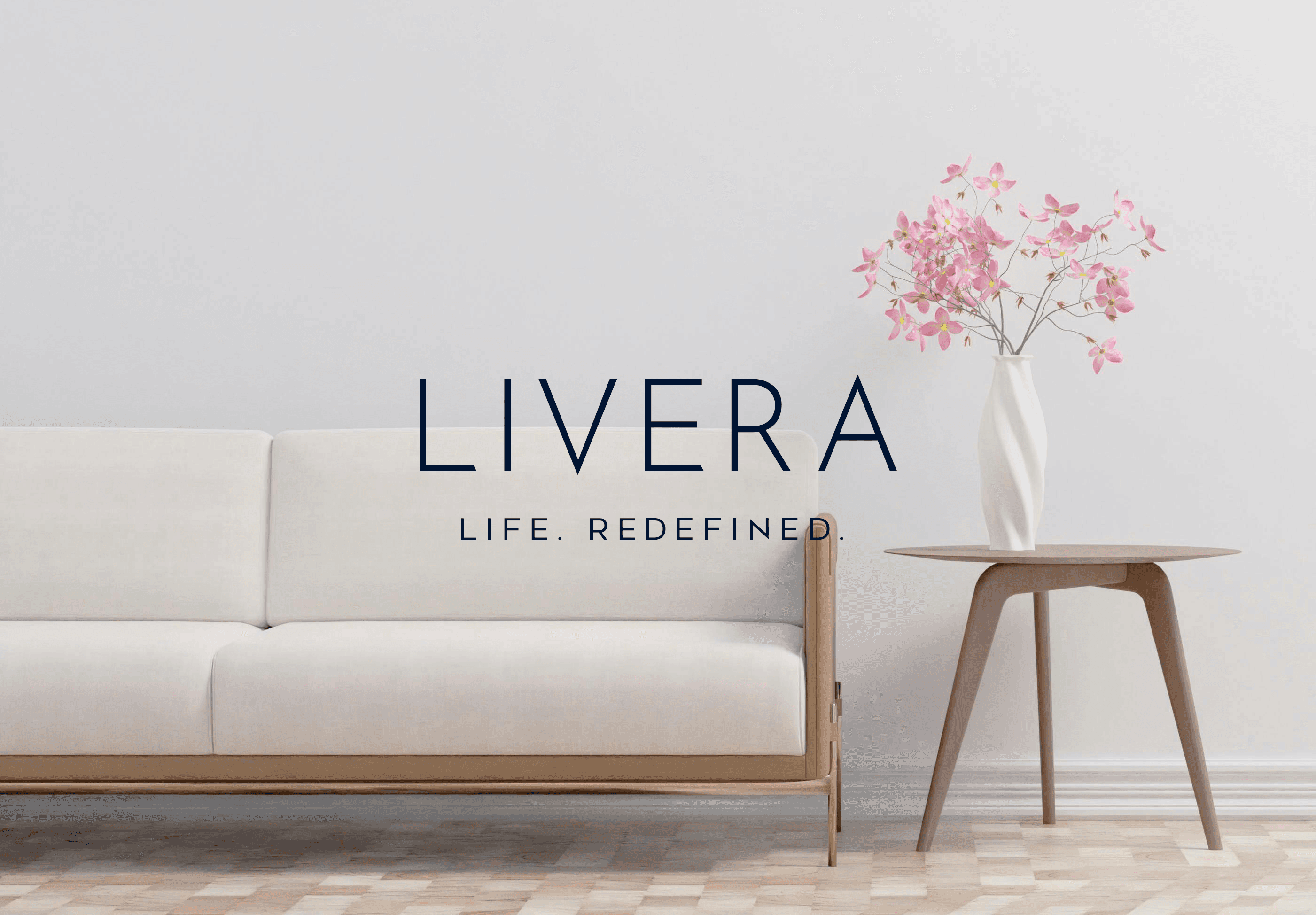 Graphic design mockup of a header for Livera — modern, clean brandmark style logo with an sleek sans serif typography over an apartment living room, designed by Will Lefkovich.