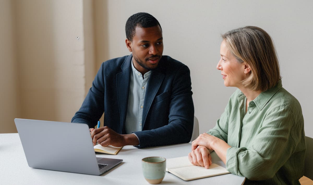 Two professionals having a meeting over a laptop and cup of coffee
