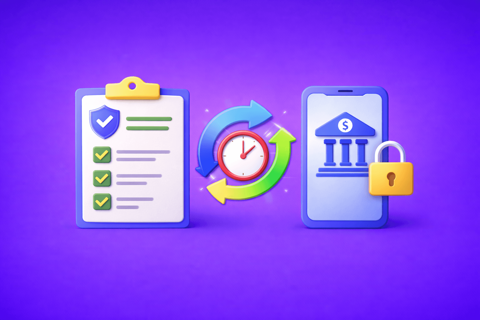 Customer screening fintech illustration with magnifying glass icon on blue to purple gradient background, representing AML compliance, real-time risk assessment, and identity verification for financial institutions.