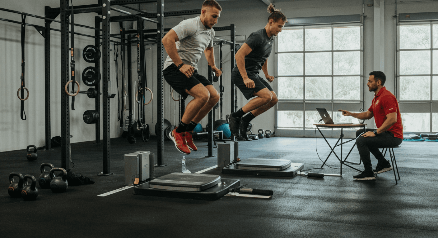 Athletes performing jump training under the guidance of a coach in a strength and conditioning facility—targeting explosive power, rehab, and sports performance.