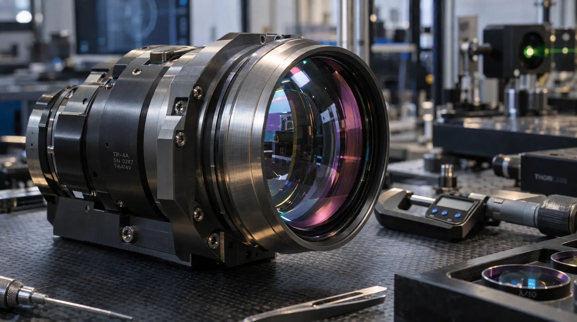 Close-up of a precision optical camera module on a lab workbench, illustrating technology company branding with futuristic color reflections.