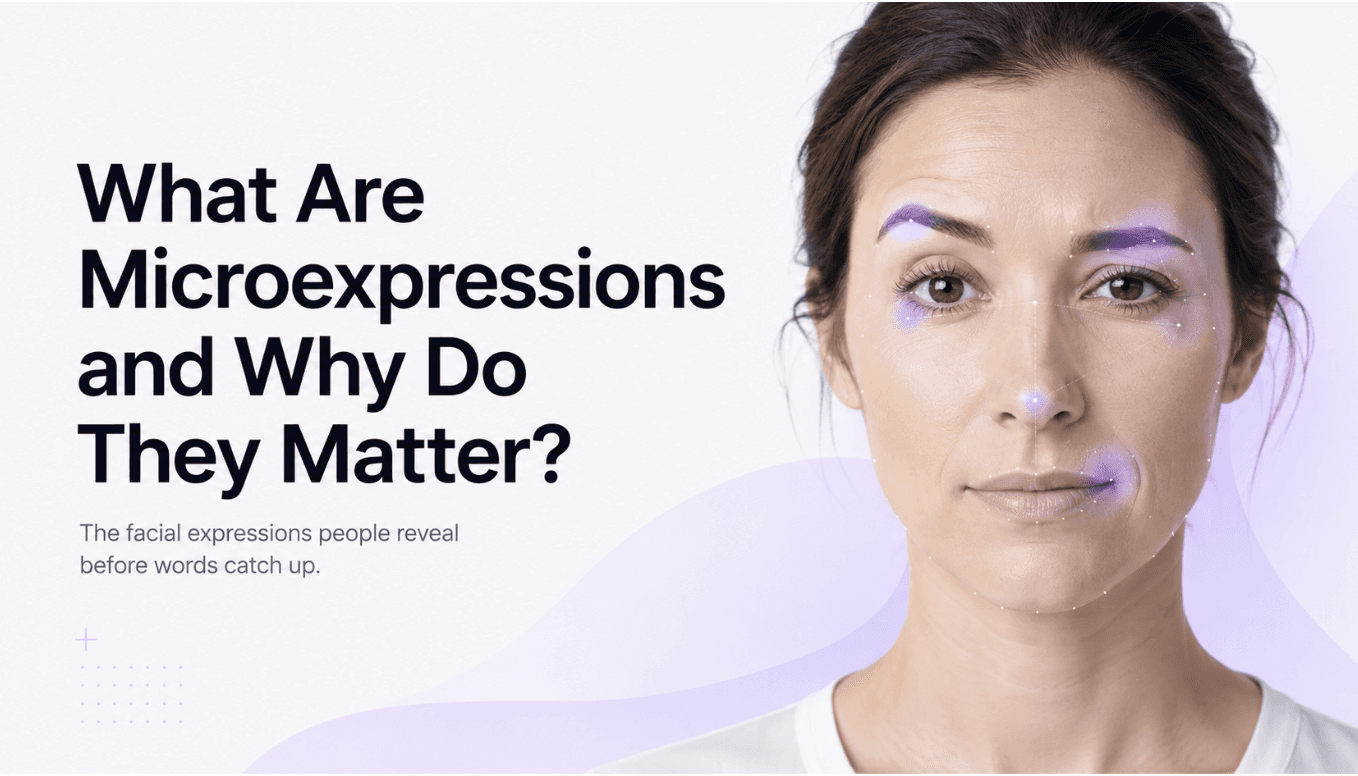 A minimalist 16:9 blog hero image featuring the headline "What Are Microexpressions and Why Do They Matter?" on the left in bold black typography. On the right, a realistic woman with a neutral facial expression displays subtle signs of a microexpression, enhanced by delicate AI facial landmark points and analysis lines around the eyes, eyebrows, nose, and mouth. Soft lilac highlights emphasize key facial regions, suggesting emotion and behavioral analysis. The background is clean white with gentle lilac gradient shapes, creating a premium, modern aesthetic suited for behavioral science, consumer insights, and emotion AI content.