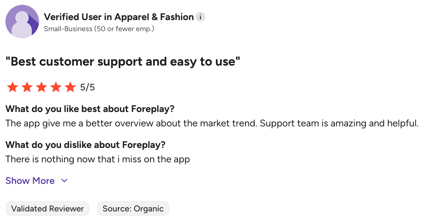 Foreplay customer review praising support