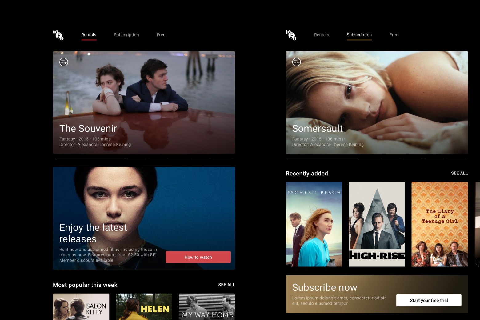 BFI player app screen showing film details with watch options and related content
