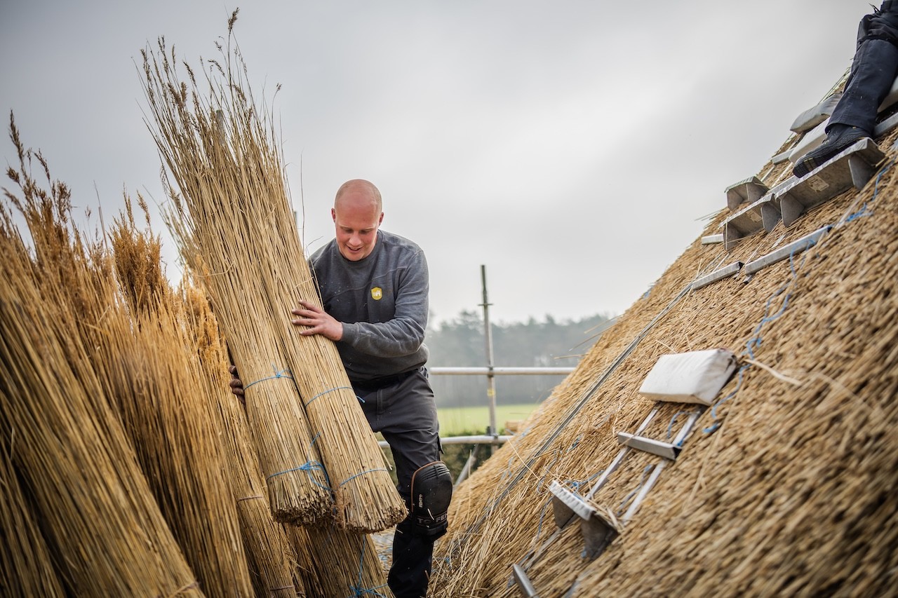 Rietdekker van Rietdekkersbedrijf van Dijk werkend aan de vervanging van dakpannen met een rieten dak