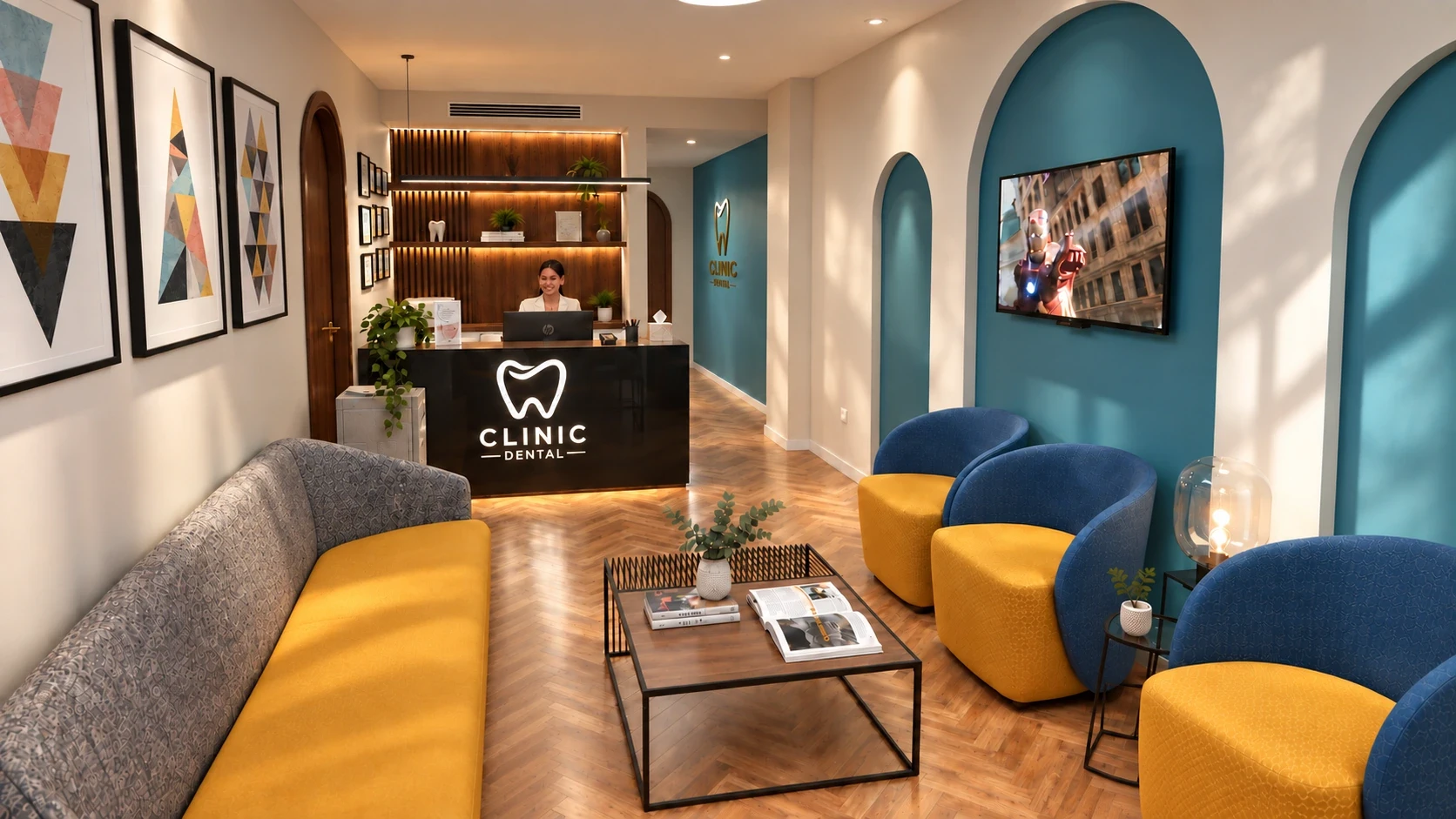 Waiting-area render with seating, wall artwork and reception counter — Dentist Clinic, Cairo, Arc In Space