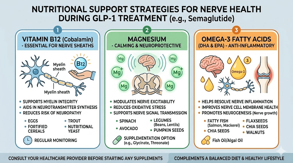 Nutritional support for nerve health on semaglutide showing B12 magnesium and omega-3 foods