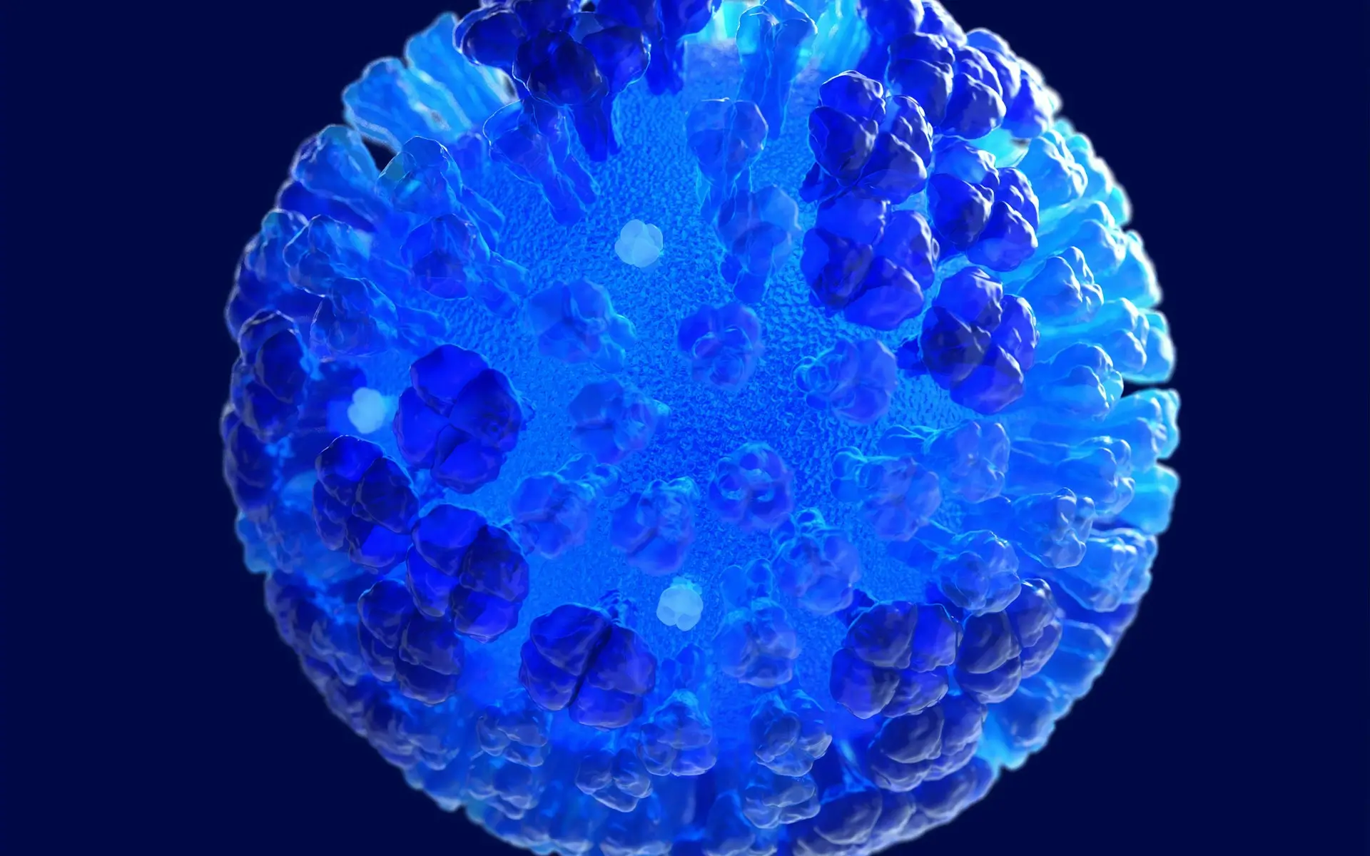 Close-up of a blue microscopic structure resembling a virus with detailed surface textures.