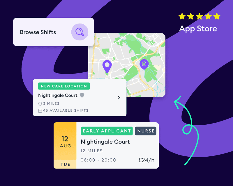 App interface displaying available care shifts on a map with location details, date, time, and hourly rate.