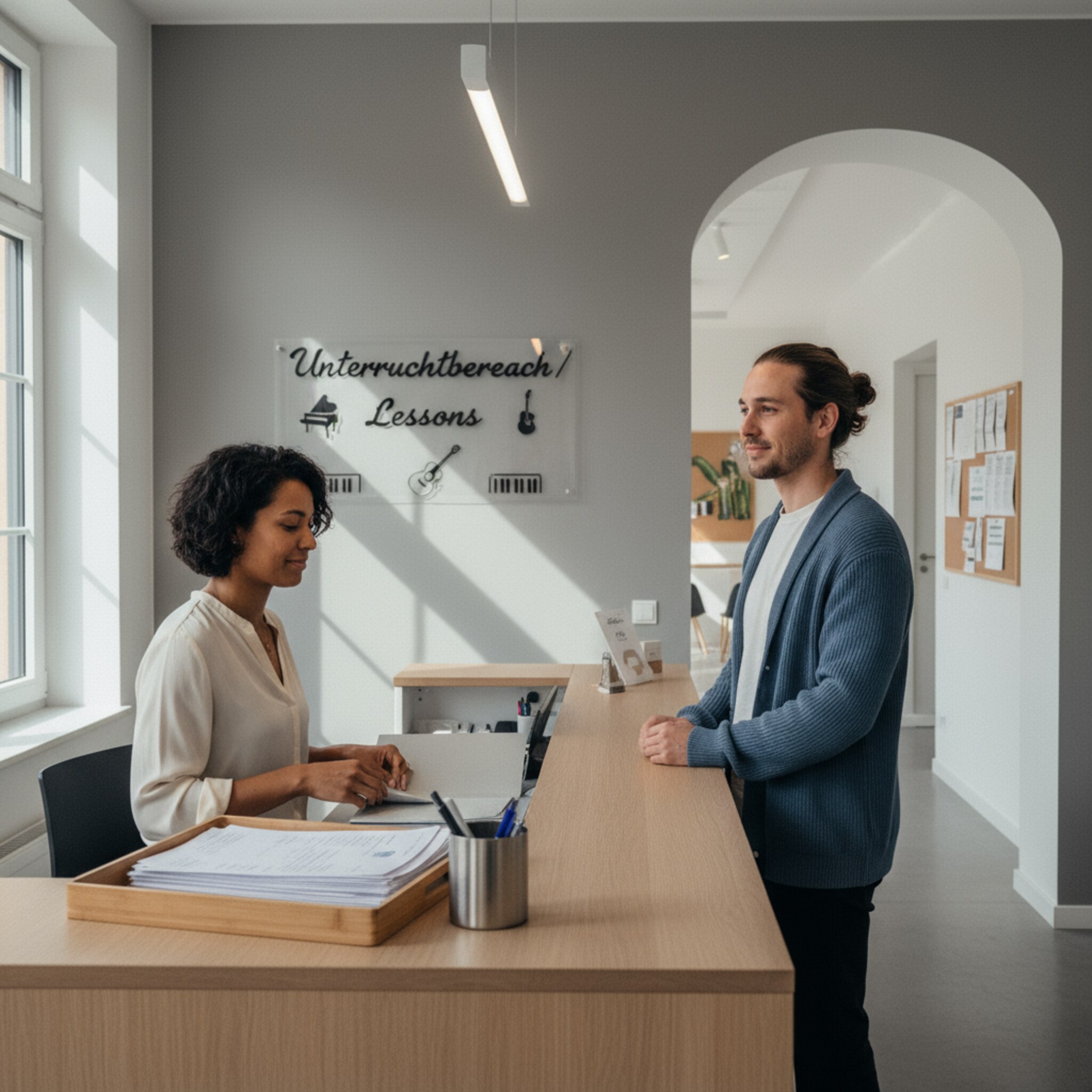 Am Empfang der Musikschule liegt ein geordneter Stapel unterschriebener Formulare in einer Ablage. Eine Mitarbeiterin heftet eine Bestätigung ab, während ein Elternteil freundlich nickt. Eine klare Beschilderung führt zum Unterrichtsbereich. Die Szene vermittelt Sorgfalt, Routine und verlässliche Abläufe.