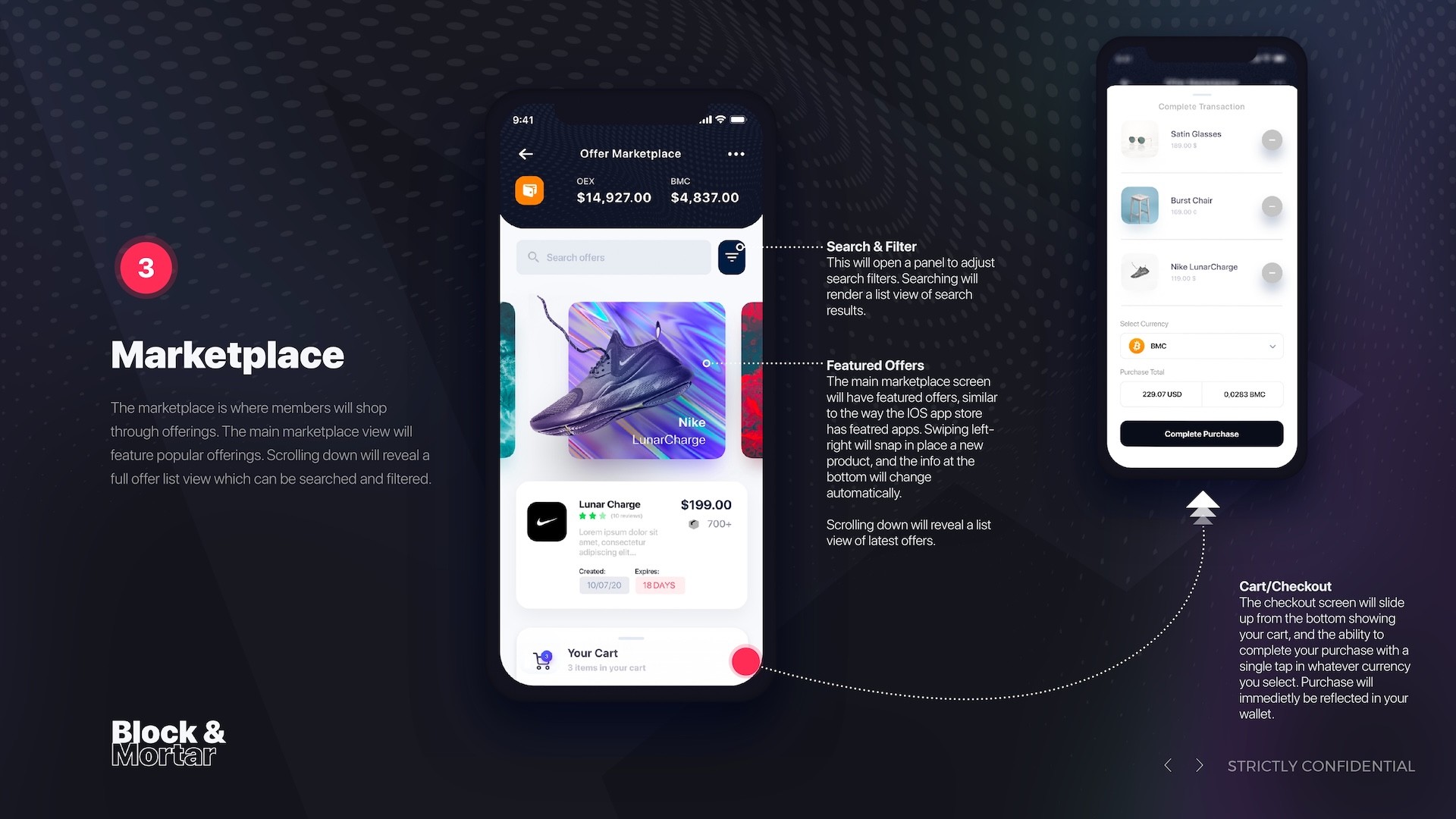 Block & Mortar marketplace screen UX design featuring Nike LunarCharge sneaker product listing at $199 with swipeable featured offers carousel, search and filter functionality, shopping cart with 3 items, and checkout panel showing BMC cryptocurrency payment option
